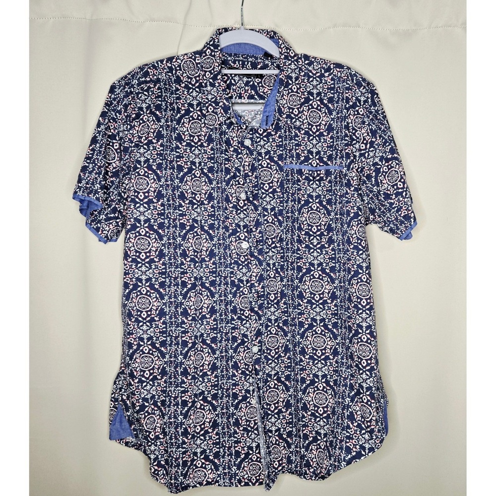 Akrux Men's L Short Sleeve Button Down Shirt Blue‎ Red White Pattern Casual